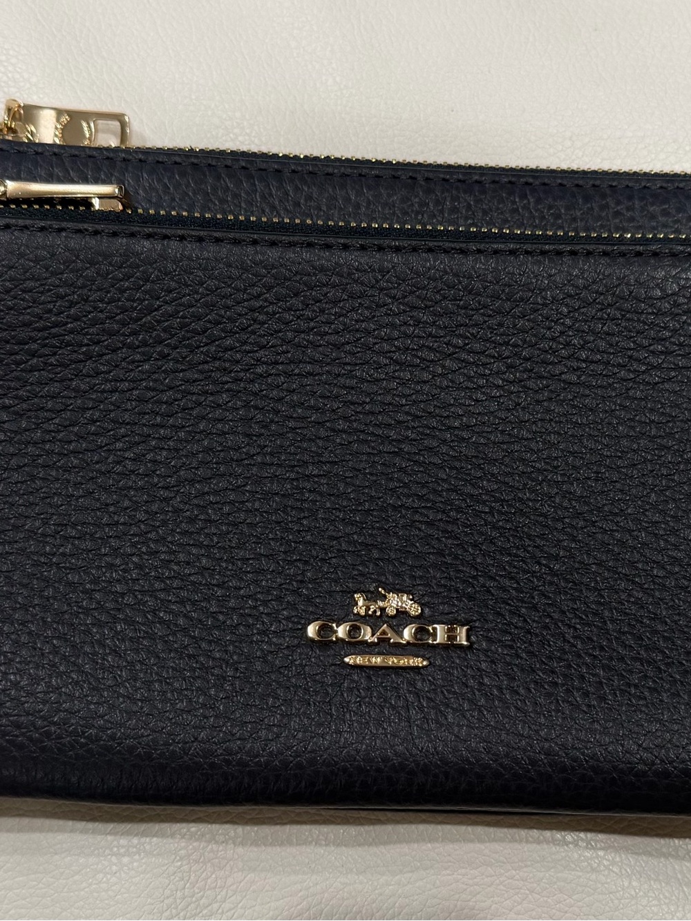 Coach Navy Blue Pebbled Leather Zip Wristlet with Gold Hardware